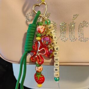 Strawberry Charm Tassel Keychain - Green, Red, Pink